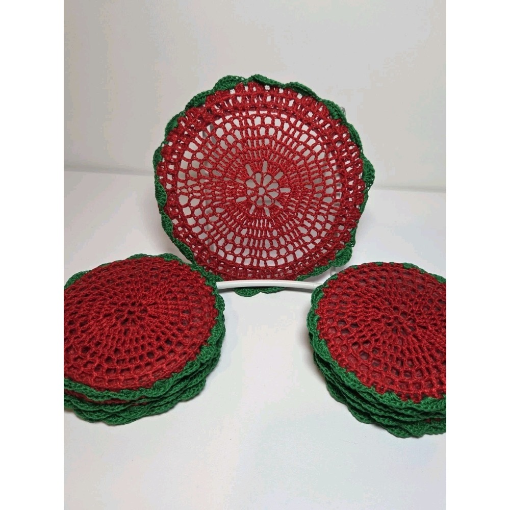 Set 12 Vintage Plastic  Hand Crocheted Covered 3"  Coasters Red & Green‎